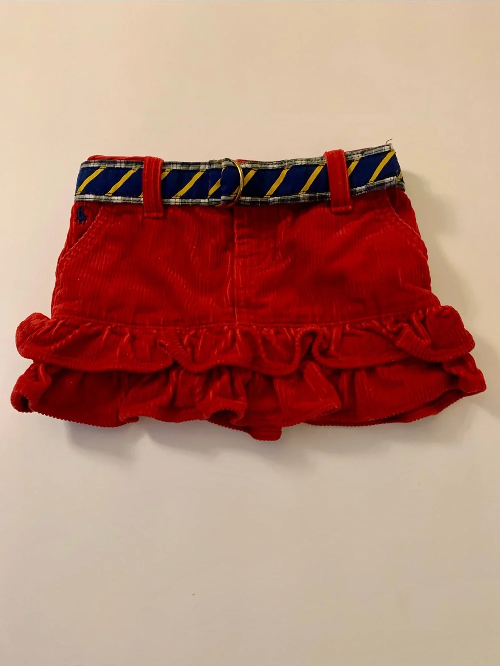 Ralph Lauren Red Corduroy Ruffle Skirt with Navy & Yellow Striped Belt